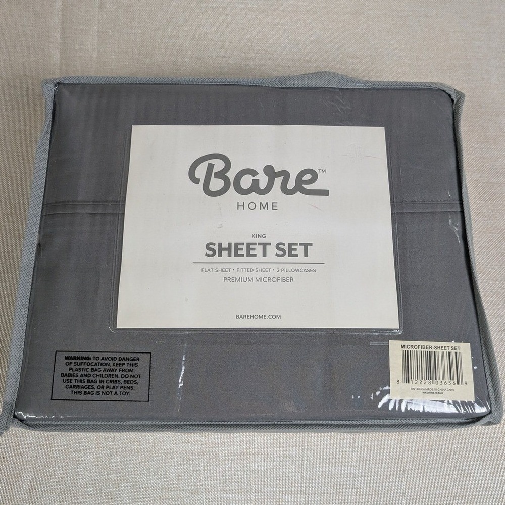 Bare Home Sheet Set King Grey NWT Microfiber Deep Pocket Breathable 4 Piece Set